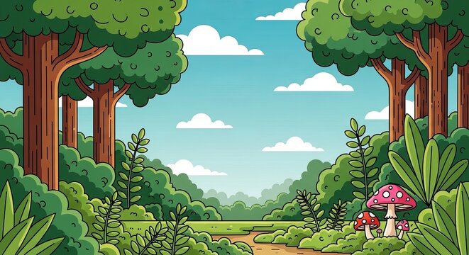 Colorful forest landscape with tall trees and mushrooms on a sunny day