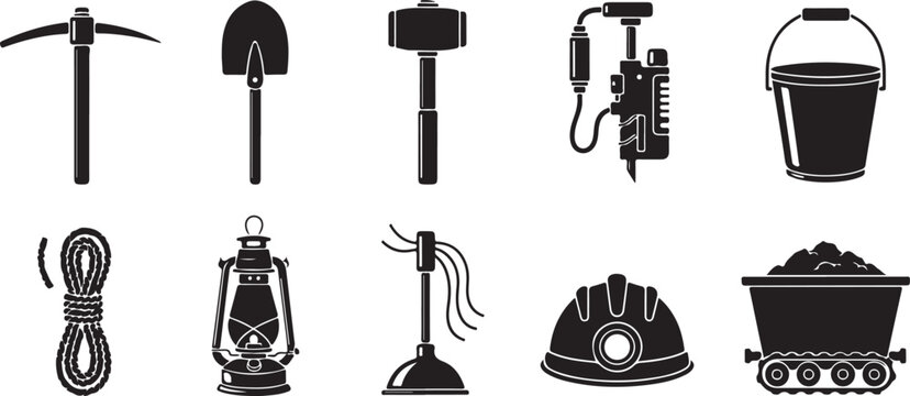 Mining tools set with shovel pickaxe lantern protective helmet and heavy equipment bucket isolated on transparent background icons.