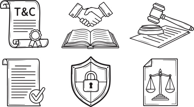 Legal law business contract agreement court justice document shield secure icon set isolated on transparent background sketch.