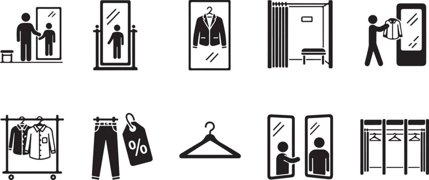 Clothing store fitting room icons showing people trying on suits and apparel with mirrors hangers and garment racks in retail setting.