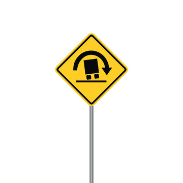 Yellow diamond-shaped road warning sign indicating a truck rollover warning sign vector design, mounted on a silver pole on a white background.