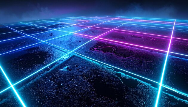 Futuristic digital grid background with vibrant glowing neon blue and pink laser lines reflecting on a dark textured surface for abstract design.