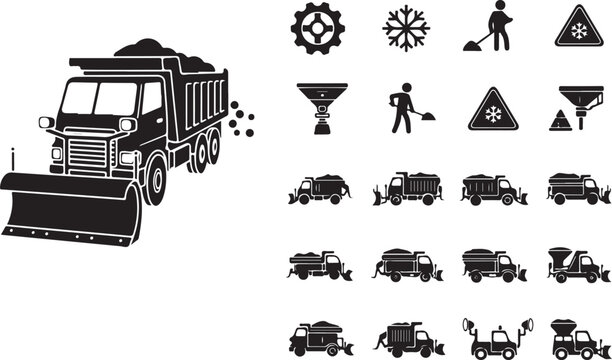Snow removal equipment icons featuring trucks and machinery used for winter road maintenance and clearing ice during cold weather.