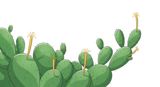 Colorful illustration of prickly pear cactus pads with blooming flowers