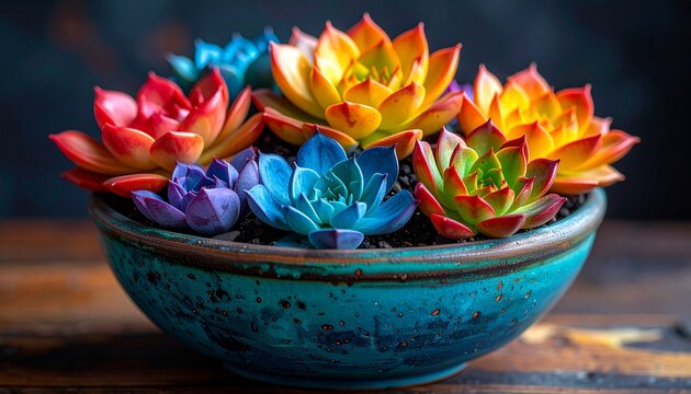A vibrant arrangement of colorful succulent plants planted in a rustic turquoise ceramic bowl set on a dark wooden surface for home decor.