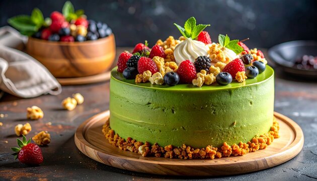 A delicious homemade matcha green tea cake decorated with fresh organic berries mint leaves and crunchy cookie crumble topping on a wooden plate.