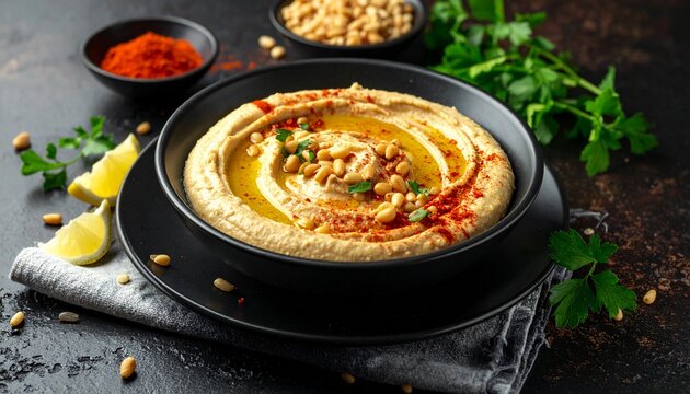 A delicious bowl of creamy hummus topped with golden pine nuts and red paprika powder served with fresh parsley and organic lemon wedges.