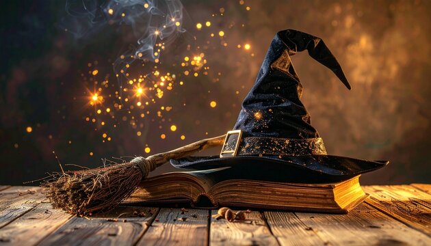 A mystical witch hat and wooden broomstick resting on an ancient weathered spell book with glowing golden magical sparkles in the background.