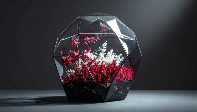 A modern geometric glass terrarium containing vibrant red and white preserved decorative plants set against a dark moody minimalist background.