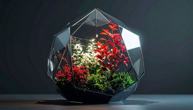 Beautiful decorative glass terrarium with vibrant red and white plants inside a geometric container for modern home and office decor.