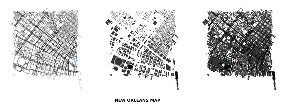 New orleans louisiana city map with street grid and building footprints black and white urban plan