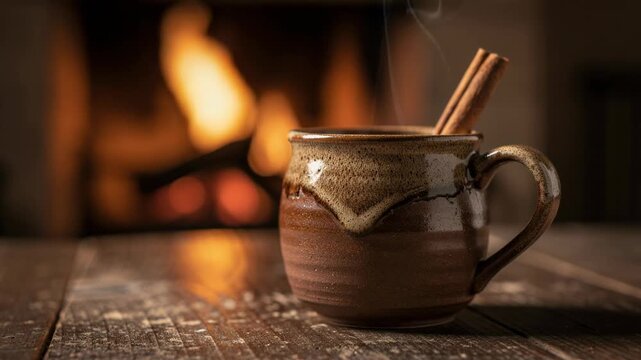 Steaming ceramic mug with cinnamon sticks on rustic wooden table cozy warm beverage