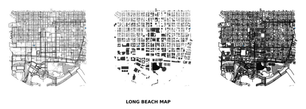Long beach city map, urban street grid and building footprint plan, california, usa