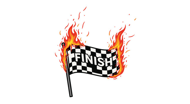 A black and white checkered racing finish line flag attached to a grey pole and surrounded by vibrant stylized orange and yellow flames against a plain white background.