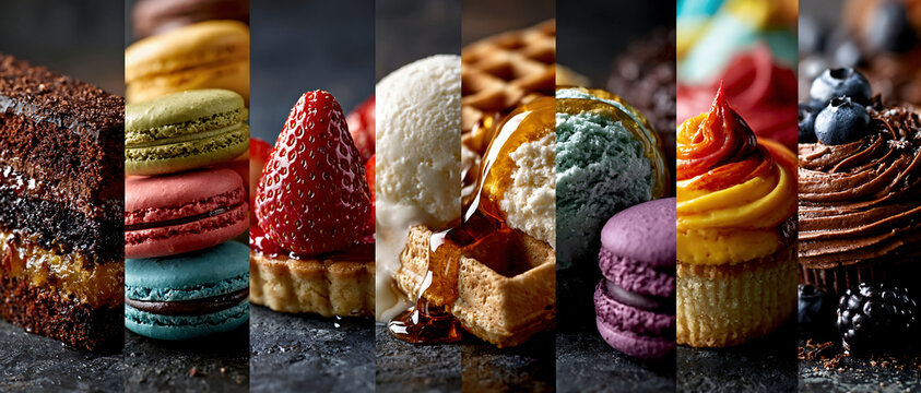 Colorful dessert collage with cakes, macarons, waffles, strawberries, and cupcake in vibrant light, creating a sweet bakery atmosphere.