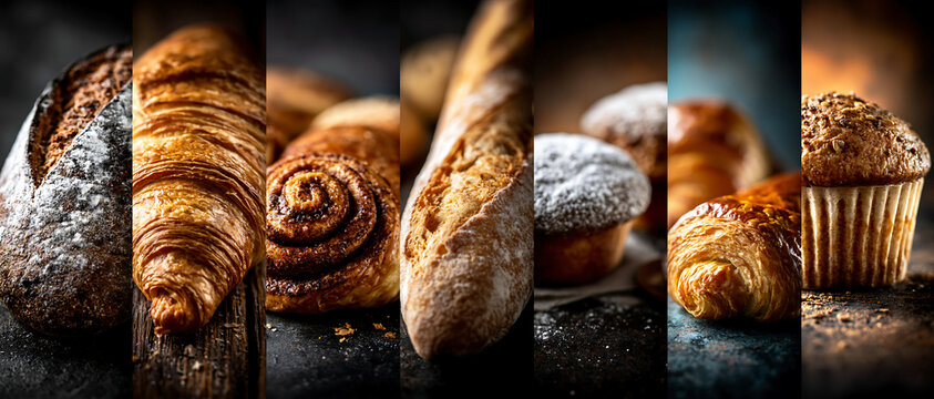 Assorted fresh bakery bread and pastries in warm dramatic light, showing golden crusts, flaky textures, and an appetizing artisan baking atmosphere.