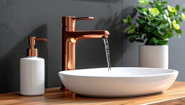 A luxurious modern bathroom interior featuring a shiny copper faucet running water into a sleek white oval sink with a soap dispenser.
