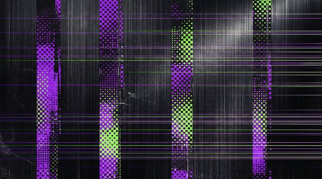 Glitch art with purple and green pixelated vertical lines on black