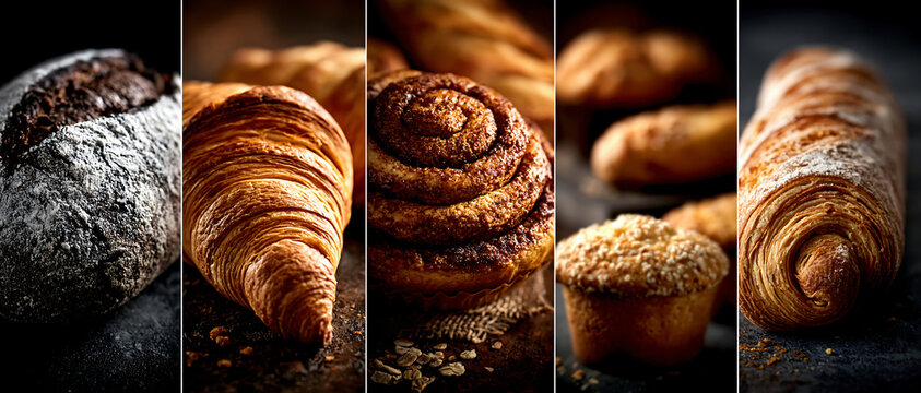 Assorted fresh bakery bread and pastries in warm dramatic light, showing golden crusts, flaky textures, and an appetizing artisan baking atmosphere.