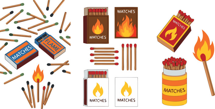 Large Set of Blue and Red Safety Matches With Matchboxes Featuring Bright Fire Flame and Burning Stick Illustrations