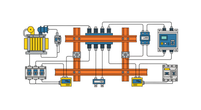 An engineering diagram depicts an industrial electrical layout with a central transformer and safety circuit breakers connected to copper busbars on a solid background.