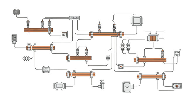 An intricate monochrome schematic illustration represents a power grid distribution network featuring multiple busbars and electrical control apparatus on a clean background.