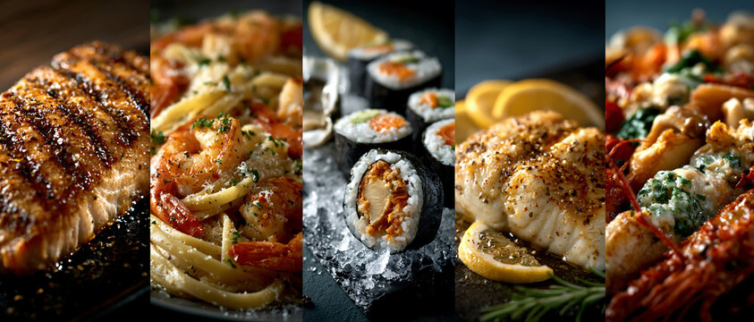 International food collage with pasta, sushi, wraps, and curry in dramatic light, creating a colorful restaurant menu atmosphere.