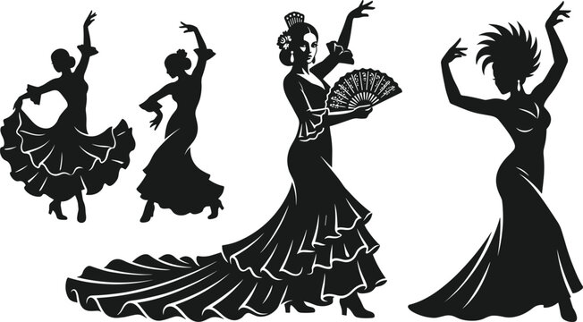 Flamenco dancer silhouettes with fan and flowing dress spanish dance vector collection elegant black figures isolated
