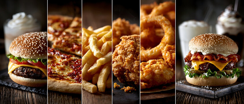 Fast food collage with burger, hot dog, fried chicken, kebab, and wrap in dramatic light, creating a bold street food atmosphere.