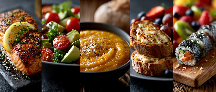 Healthy food collage with grilled chicken, salad, sushi, and fruit in warm dramatic light, creating a colorful balanced meal scene.