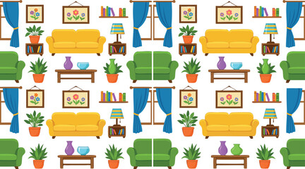 Naklejka premium Large Set of Living Room Furniture and Decor Icons Featuring Sofas Tables Curtains and Potted Plants