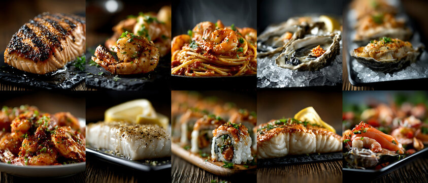 Asian food collage with sushi, noodles, dumplings, and seafood in warm dramatic light, creating a colorful restaurant menu atmosphere.