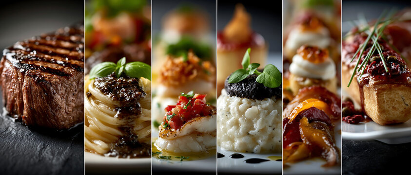 Grilled barbecue food collage with meat, corn, potatoes, and smoky dramatic light, creating a rustic summer cookout atmosphere.