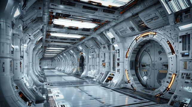 Futuristic spaceship corridor with metallic panels, circular doorway, and bright cool lighting, creating a sleek science fiction space station atmosphere.