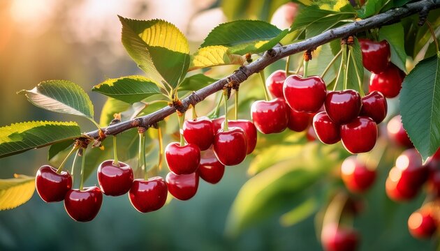 red cherries on a cherry tree branch in orchard