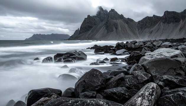 Dramatic coastal landscape featuring a misty black sand beach with dark volcanic rocks and jagged mountain peaks under a cloudy sky in winter.