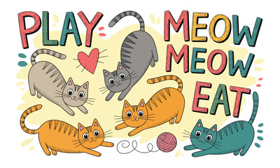 Playful cats and words illustration a whimsical design with felines and action verbs © SMFARHANTANVIR