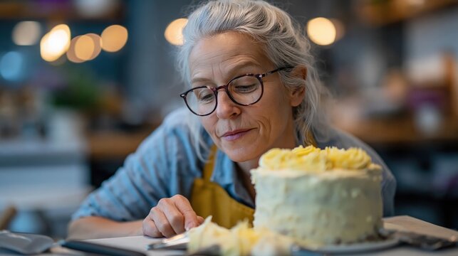 Bakery consultant style solo professional inspecting buttercream consistency while decorating handma