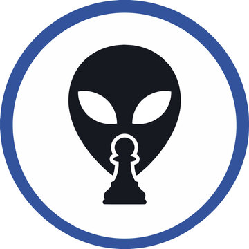 Alien head inside circle with chess pawn on white background illustration for science fiction and strategy.