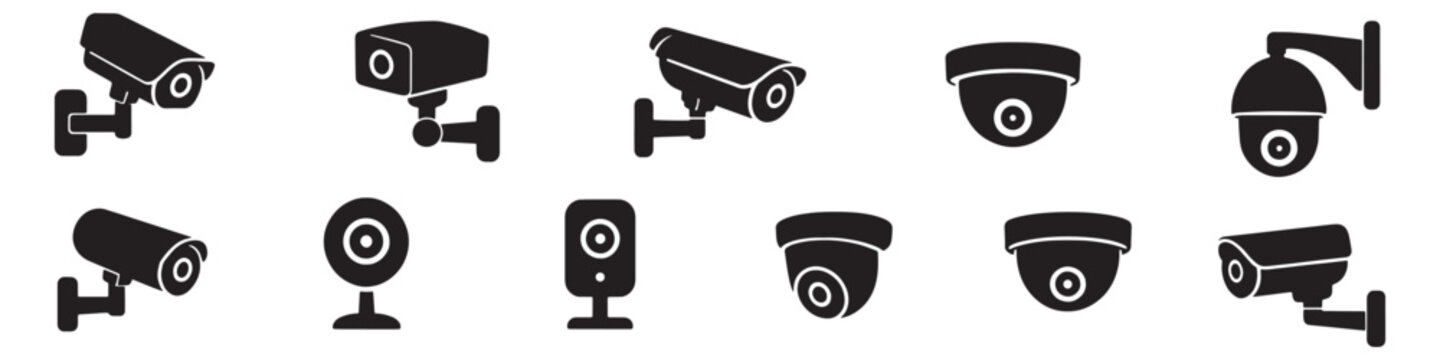 CCTV Security Camera Icons, Surveillance System Cameras, Dome Bullet PTZ, Home and Business Security Icon Set