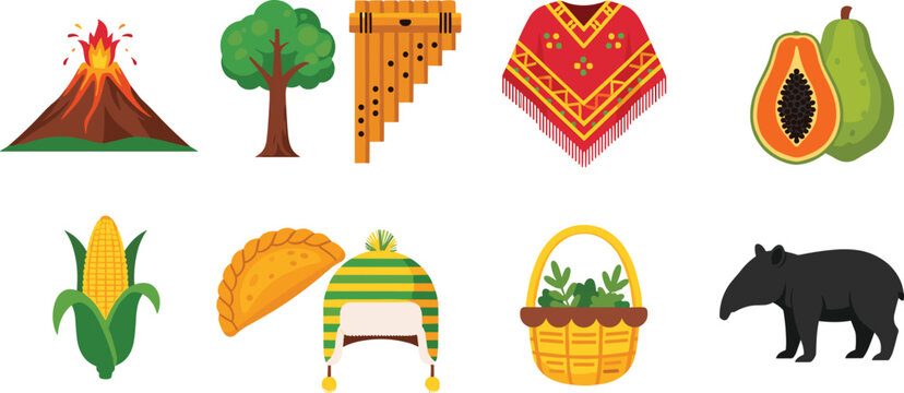 Andean Culture and Nature Icon Collection Featuring Volcano, Pan Flute, Poncho, Papaya, Corn, Empanada, Chullo Hat, Basket, Tapir, and Traditional Heritage Symbols