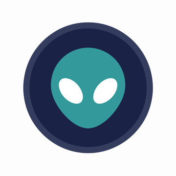 Teal alien head inside navy blue circle on white background symbolizing extraterrestrial and mystery.