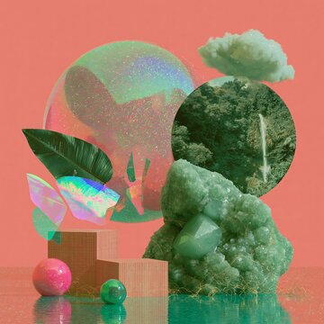 Surreal digital collage featuring geometric shapes, natural elements, and vibrant colors on a vivid coral pink background with abstract textures and forms