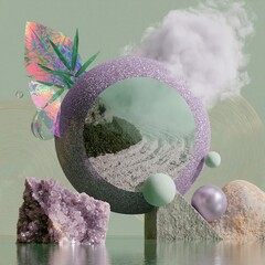 Obraz premium Surreal digital collage featuring a reflective sphere, textured surfaces, and abstract elements on a warm sage green background, showcasing vibrant colors and geometric shapes