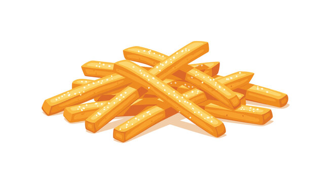 A small pile of crispy golden salted french fries sits neatly arranged on a clean white background in a vibrant flat vector art style with a warm yellow color palette.