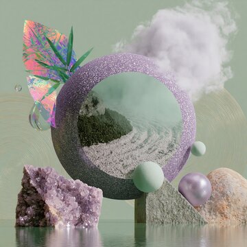 Surreal digital collage featuring a reflective sphere, textured surfaces, and abstract elements on a warm sage green background, showcasing vibrant colors and geometric shapes