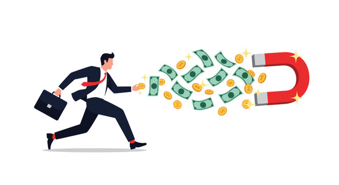 Dynamic illustration of a businessman running and trying to catch money as it is being pulled away by a large red horseshoe magnet.
