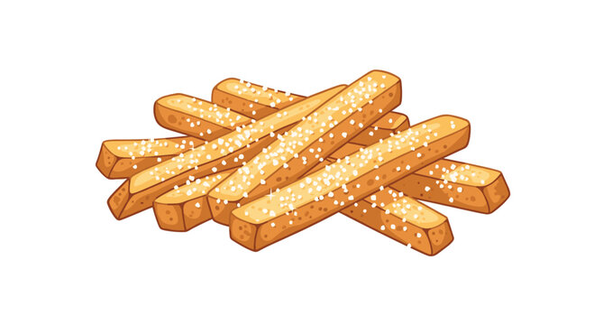 A stack of crispy golden brown breadsticks seasoned with white salt grains is piled together on a plain white background.