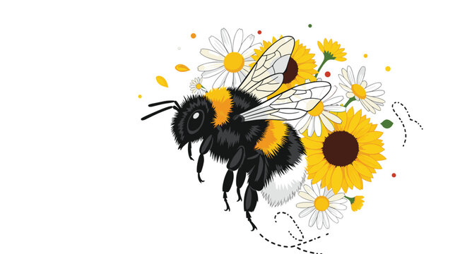 Close up illustration of a fuzzy bumblebee flying near a beautiful bouquet of bright yellow sunflowers and white daisies.