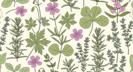 Fototapeta premium Seamless botanical pattern of various wild herbs and purple flowers including rosemary and lavender on a light cream background.